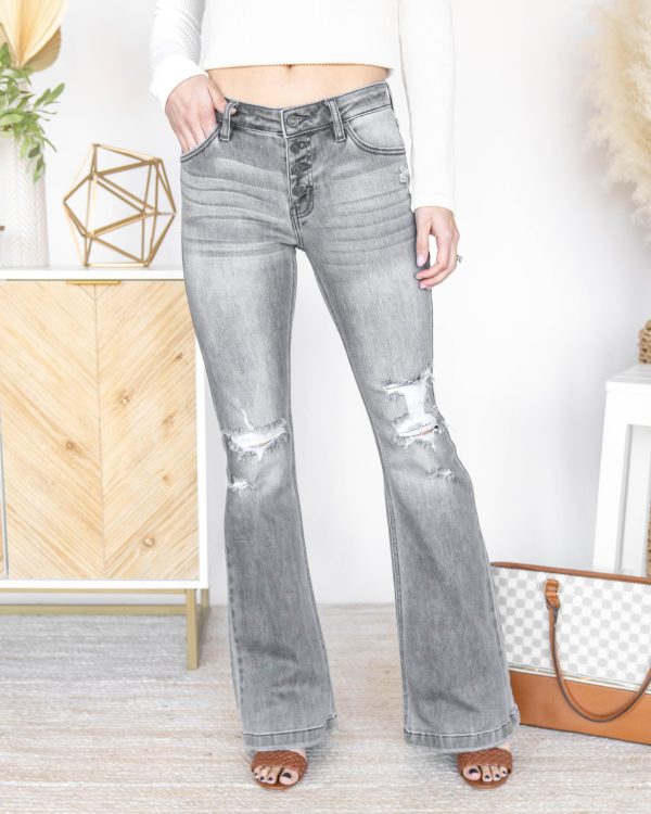 Greeflow Distressed Flare Jeans - Grey