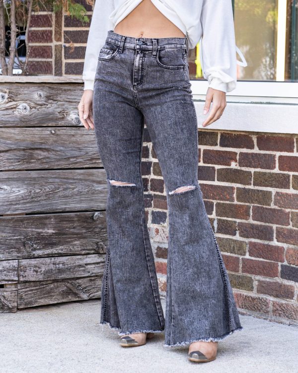 Greeflow High Rise Distressed Frayed Hem Flares - Black Acid Wash